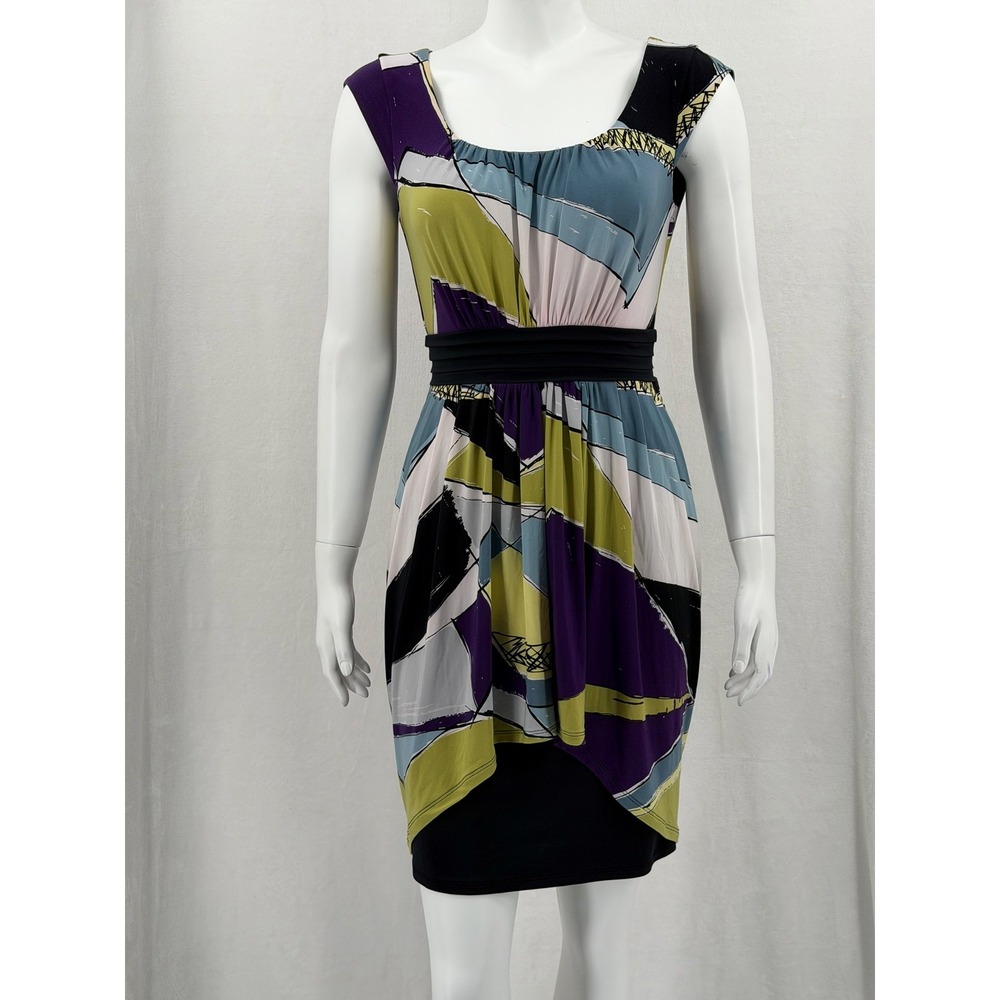 Max and Cleo Dress Womens 8 Purple Green Abstract Sheath Stretch Feminine Spring
